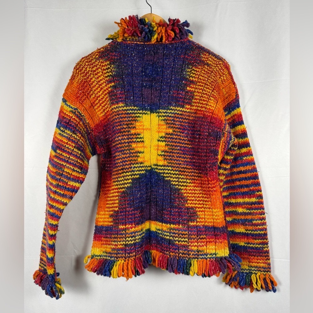 Otavalo Native Handknit Sweater Ecuador Cotton Wool Blend Rainbow Colorful Small - Picture 6 of 9